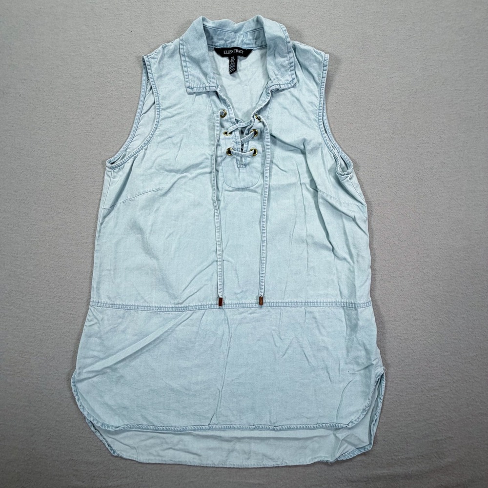 Ellen Tracy Sleeveless Tunic Womens‎ Size M Good Light Blue Lace Up Tencel Top